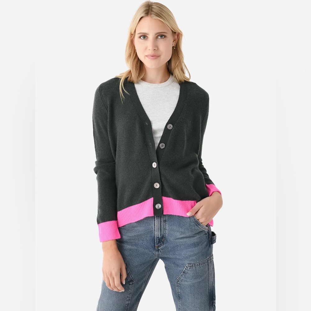 NWT JUMPER 1234- contrast cardigan, gray/olive and  neon pink